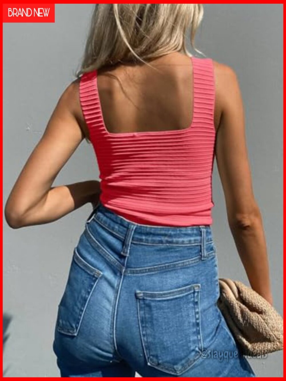 Ribbed Square Neck Tank Top Sleeveless Slim Fit Knit Summer - Picture 4 of 7